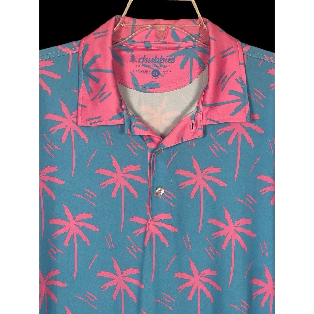 Chubbies Electric Slide Performance Polo Men's XL Tropical Palm Trees Pink/Blue - Picture 2 of 8